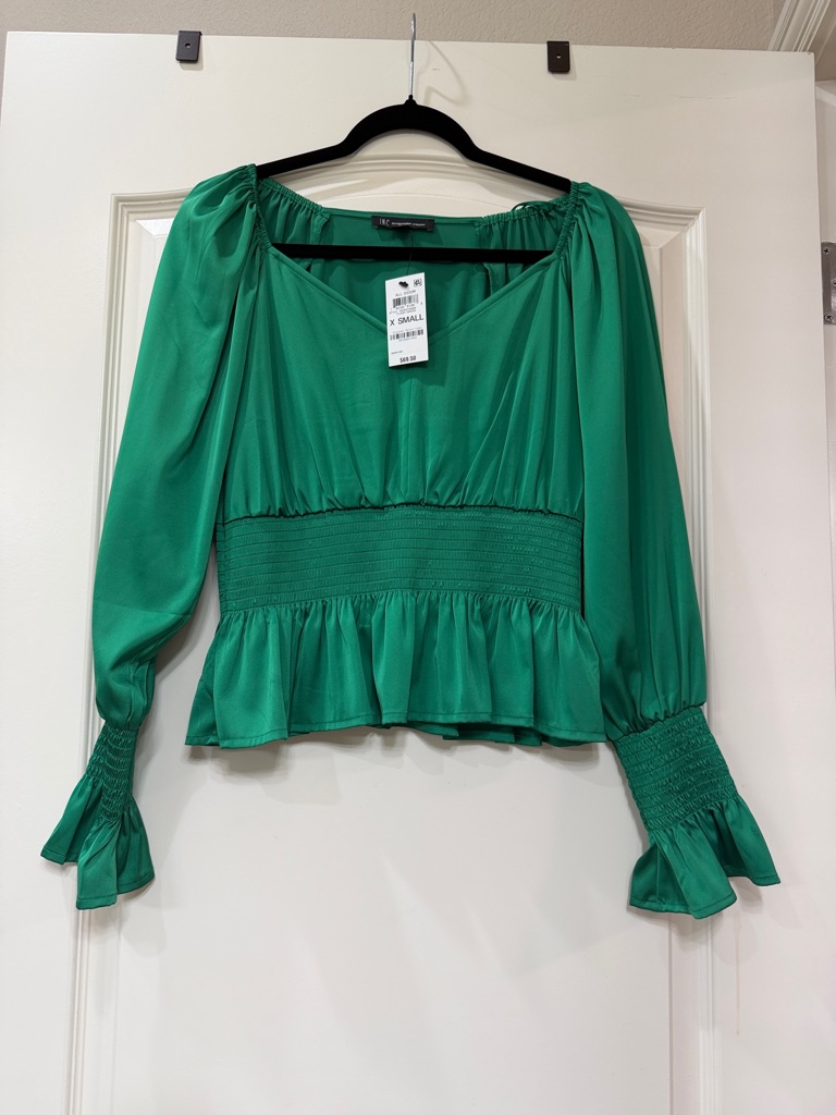 Green Peplum Smocked Waist Blouse  Inc International Concepts Brand New